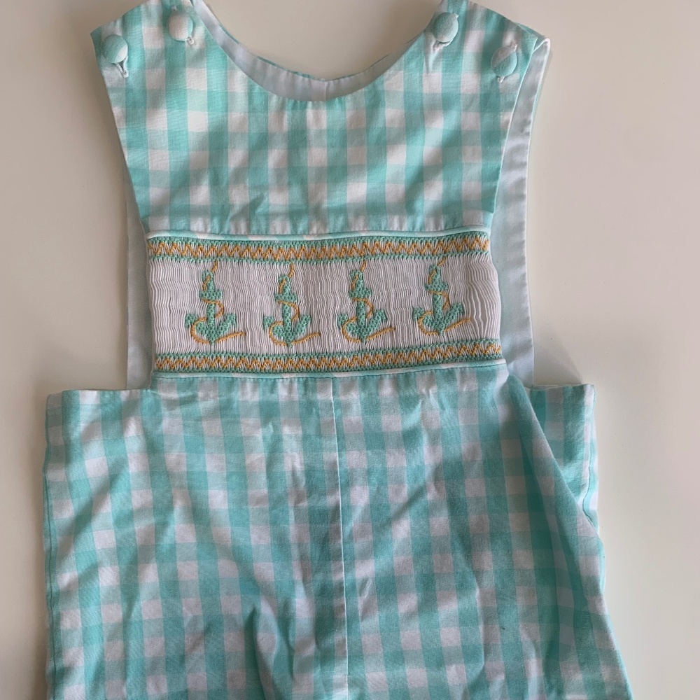 Boy's Shrimp and Grits Plaid Jonjon/Overall with Smocked Anchor Detail 6M